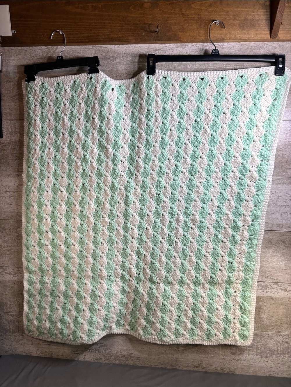 Handmade Crochet Baby Blanket Mint Green & White Vintage Style Security Blanket